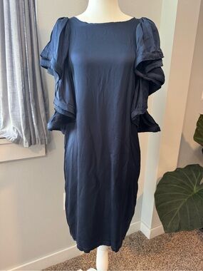 Lanvin x H&M 2010 navy blue dramatic ruffle sleeve shift dress silk size 6
